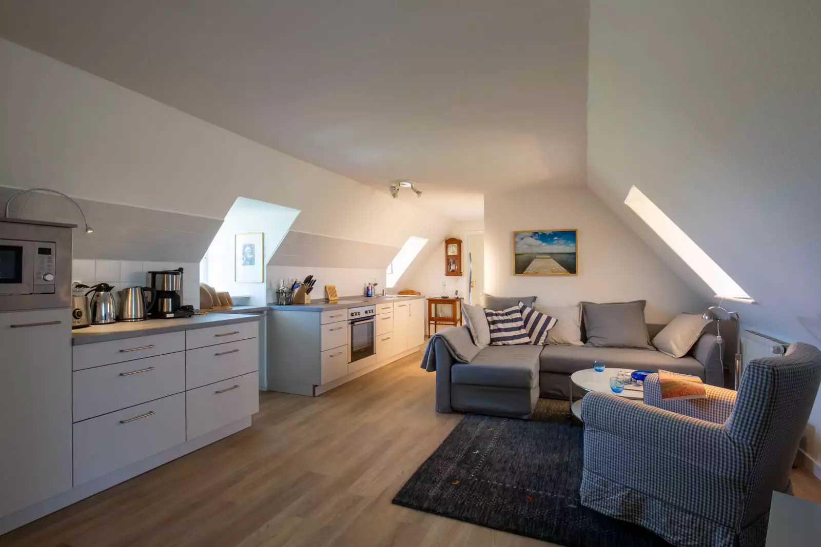 Wohnraum der Ferienwohnung Vogelkoje auf Pellworm mit Küchenzeile links und Couchecke rechts