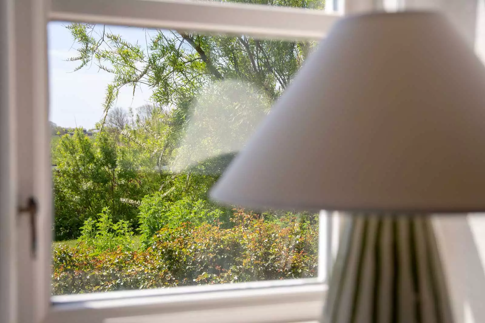 Fensterblick aus der Ferienwohnung auf den Garten auf Pellworm mit friesischer Fensterlampe und Gartenblick