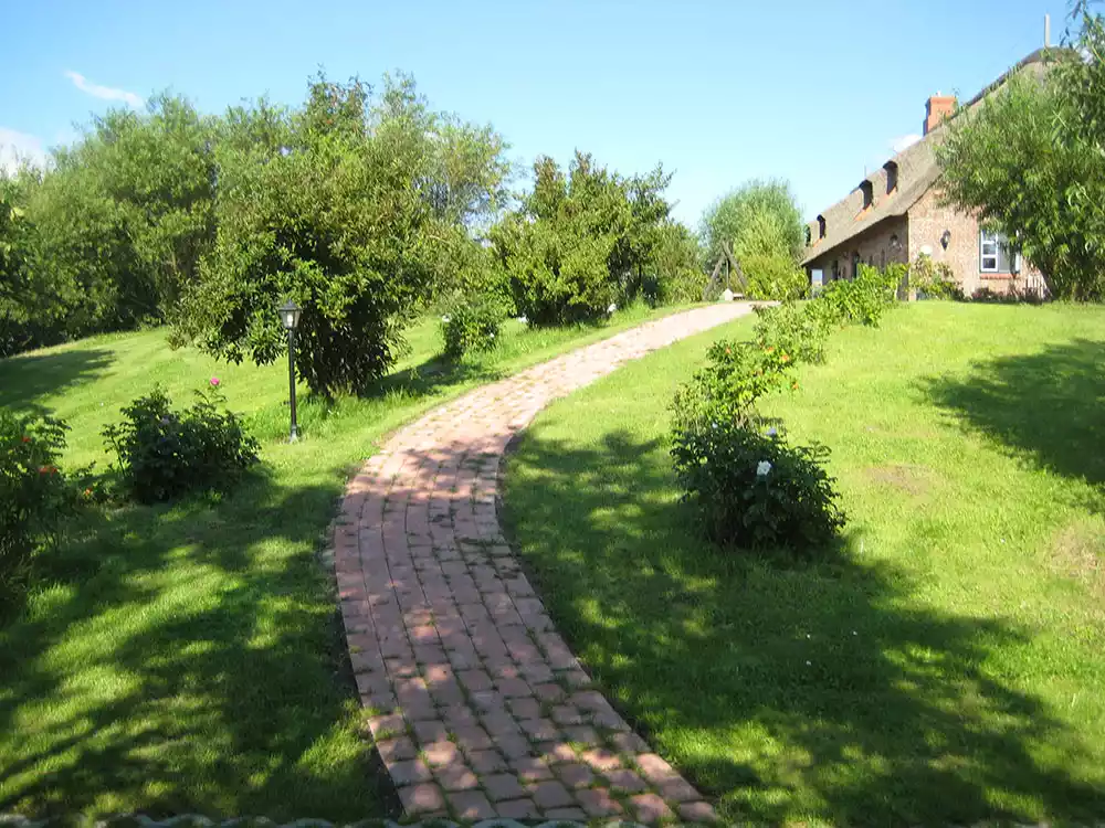 Blick über den grünen Weg hinauf zur Warft des Ferienhauses Kiek in’t Land auf Pellworm bei der Ankunft