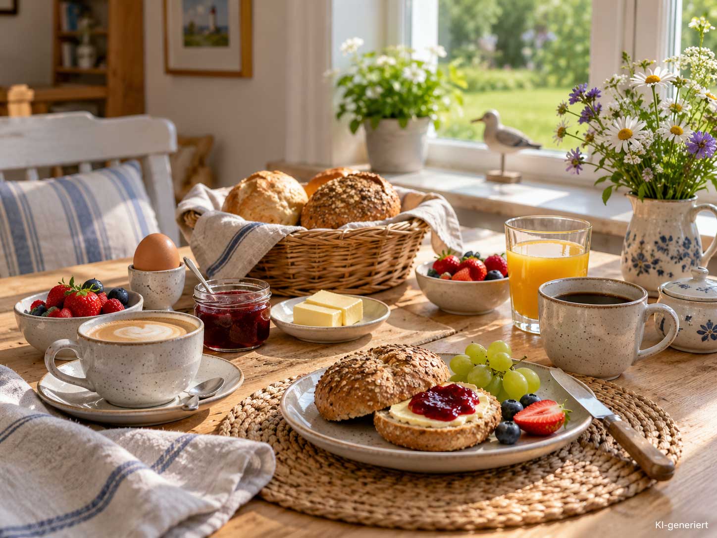 Gedeckter Frühstückstisch am Fenster mit Brötchen, Kaffee, Saft und Blumen, daneben Blick ins Grüne. KI-generiertes Bild. Gedeckter Frühstückstisch am Fenster mit Brötchen, Kaffee, Saft und Blumen, daneben Blick ins Grüne. KI-generiertes Bild.